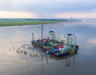 NordLink project cable laying barge drone shot from above